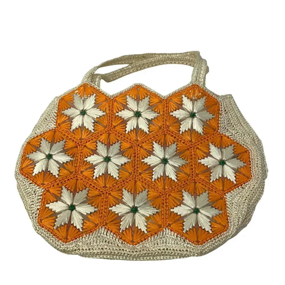 Vintage 70s Handmade Raffia Straw Floral Tote Bag Orange White Boho Beach Purse